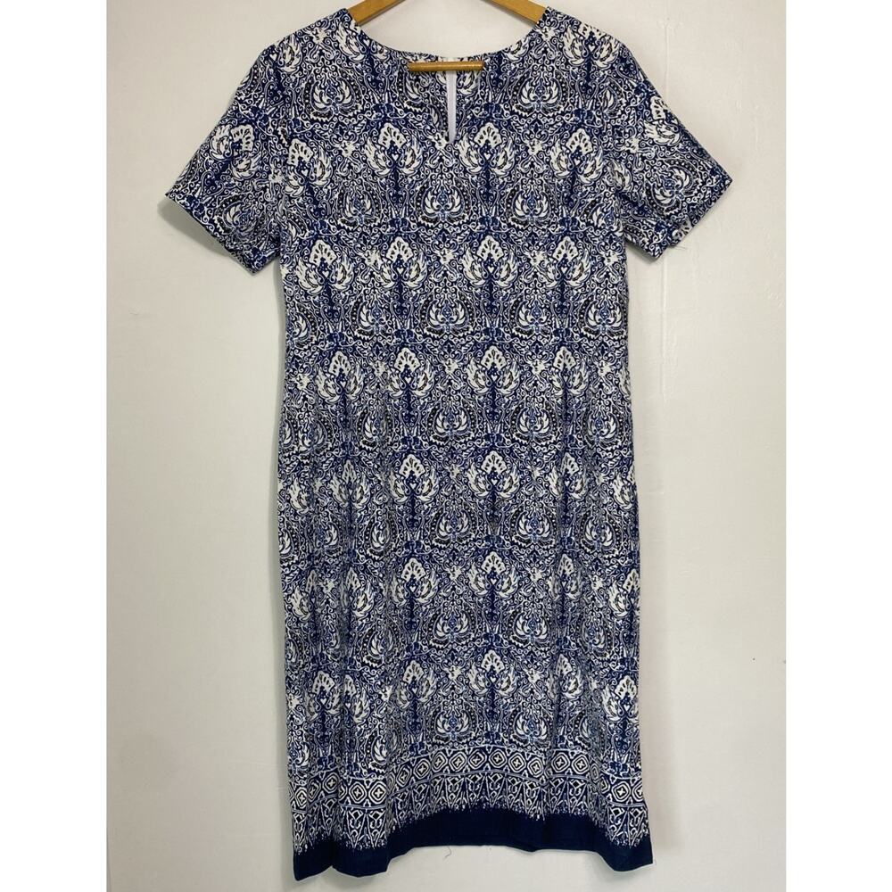 BFA Classics Womens Dress 16P Petite Blue S/S Floral Paisley Sheath Linen Blend